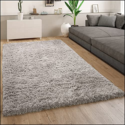 Paco Home Hochflor Teppich Wohnzimmer Flauschig Schlafzimmer Shaggy Modern Weich Einfarbiges Muster, Grösse:120x160 cm, Farbe:Grau