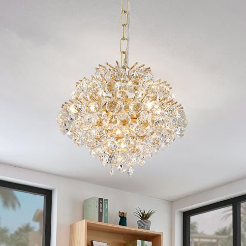 BESTIER Or Lustre Suspendu Moderne Cristal Goutte de Pluie Éclairage Plafonnier Lampe Pour Salle À Manger Salle de Bain Chambre Salon 4 G9 Ampoules Requises D28cm x H30cm