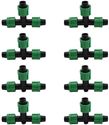 MARRTEUM Accesorios en T de riego por goteo, conectores de acoplamiento de 3 vías universales con bloqueo de púas para sistema de aspersor de tubo de cinta de goteo de 16 a 17 mm [8 unidades, verde]