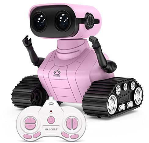 ALLCELE Robot Toys, Rechargeable Kids RC Robots for Girls & Boys, Remote Control Toy with LED Eyes & Music, for Children Age 3+ Years Old - Pink