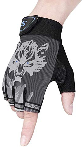 Girls Boys Half Finger Cycling Gloves Sport Gym Gloves Racing Mitts Non-Slip Gel Short Finger Breathable Summer Gloves Mountain Road Bike Riding Bicycle Running Gloves (#A-Grey-print for kids 4-9)