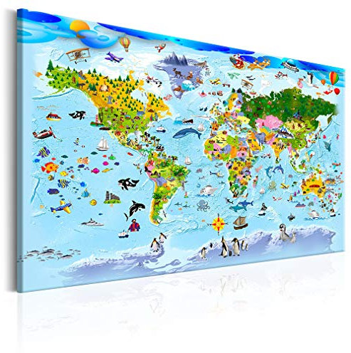 decomonkey Akustikbild Weltkarte 90x60 cm XXL 1 Teilig Leinwand Modern Bilder Wandbilder XXL Schallschlucker Schallschutz Akustikdämmung Wandbild Deko Leise Welt Karte Landkarte Kontinente