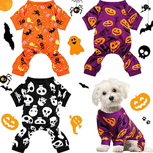 3 Stück Halloween Hund Jumpsuit Haustier Pyjama Kleidung Totenkopf Hund Welpen Strampler Bodysuit Halloween Thema Welpen Kleidung Shirt Hundebekleidung Jumpsuit für Haustier Welpen Hund Katze (S)
