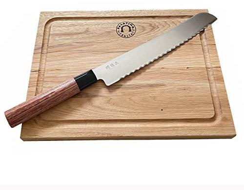Couteau à pain KAI Seki Magoroku manche bois rouge, lame en acier inoxydable 22,5 cm à bord dentelé MGR-0225B + planche en chêne 30x22 cm