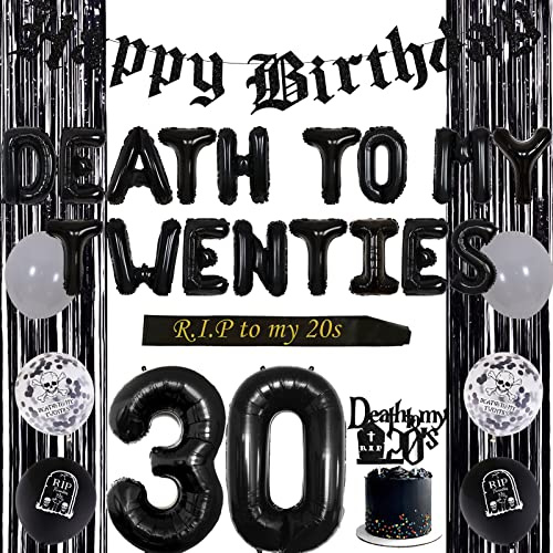 Fangleland 30 Geburtstag Dekorationen für Ihn Oder Sie Schwarz, Tod zu Meinem Twenties Ballons, Beerdigung Alles Gute Zum Geburtstag Banner, Fransen Vorhang Dreißigsten Party Supplies