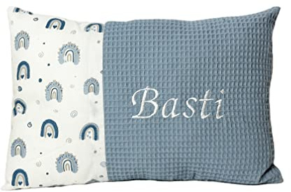 Geburtskissen Taufkissen mit Namen bestickt Waffelpique Blau mit Regenbögen Geschenk zur Geburt Taufe 25x40cm