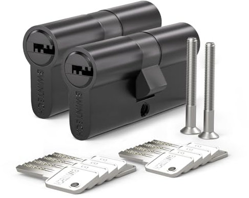 Bwintech 2 Stück Keyed Alike 30/30mm Euro Messingzylinder, 60mm Schlüssel/Schlüsselzylinderschloss mit 10 horizontalen Messingschlüsseln,Anti Picking,Anti Bohr,Anti Bumping, Schwarze Oberfläche