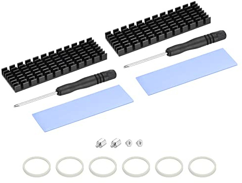 sourcing map 2 Pack M.2 SSD Heatsink Cooler Alloy Aluminum Heat Sink with Mounting Screws Screwdriver Kit,1mm Thermal Pad, for Laptop, 70 * 22 * 6mm, Black