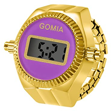 JewelryWe Ringklocka, fingerklocka, dam digital klocka – guld, rund, digital elastisk rostfritt stål, ring, klocka, kvinnor, fingerringklocka, klockring med kalender, stoppur och lila urtavla,
