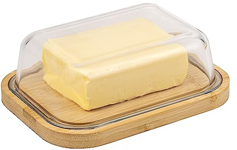 eluno Butterdose mit Glasdeckel, Bambusbrett für 250g Butter, Butterglocke, Butterbehälter
