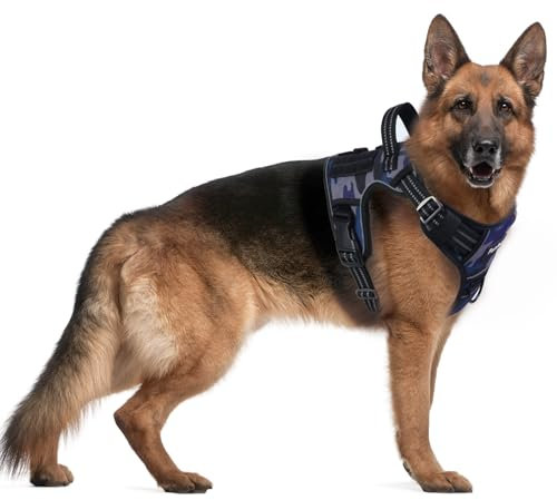 Funfox Hundegeschirr Grosse Hunde, No Pull Hundegeschirr für Große Hunde Einstellbar Taktisches Robust Anti Zug Brustgeschirr Hund Mittelgroße Hunde Geschirrset Atmungsaktiv Dog Harness Camo Lila L