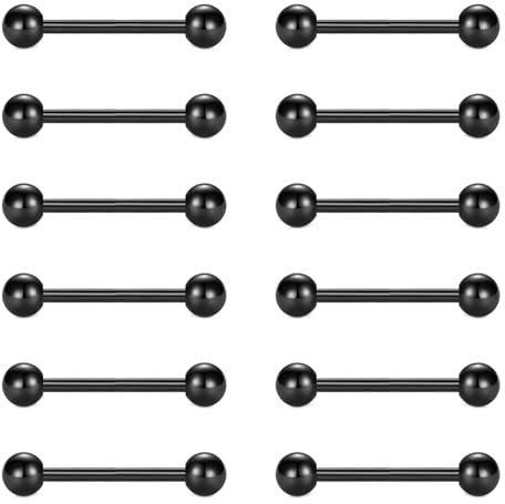 FECTAS 12stk Zunge Bars Nippel Bars Nippel Piercing Schmuck 14G 16mm Zunge Bar Piercing Edelstahl Schwarz Schmuck