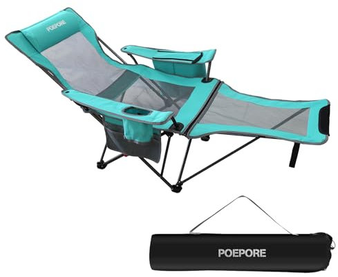 POEPORE Campingstuhl Faltbar mit Fußstütze 4-Fach Campingstühle Strandstuhl Liegestuhl für Erwachsene 120kg Verstellbarer Klappbarer Angelstuhl mit Kühltasche Kissen Getränkehalter Cyan
