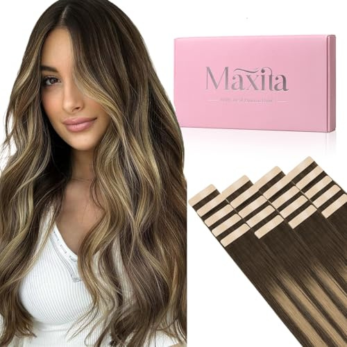 MAXITA Extensiones de cabello humano con cinta adhesiva, balayage marrón chocolate a rubio caramelo, 22 pulgadas, 49.9 g, 20 unidades, extensiones de cabello humano real sedoso Remy, puntas gruesas,