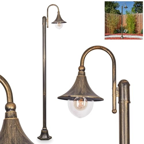 HOFSTEIN Außenstehleuchte Elgin, Außenwegeleuchte aus Metall/Kunststoff in Schwarz/Braun-Gold/Klar, Wegeleuchte im Antik/Retro/Vintage-Design für Garten, Außenbereich, Hof, Terrasse, 220 cm, E27, IP44