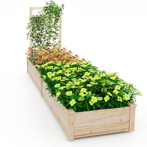 HOMASIS Jardiniere Extérieur Grande Taille avec Treillis, Carré Potager en Bois avec Support pour Plantes Grimpantes, Lit de Jardin pour Terrasse Balcon, Naturel, 235 x 63 x 102 cm (Naturel)