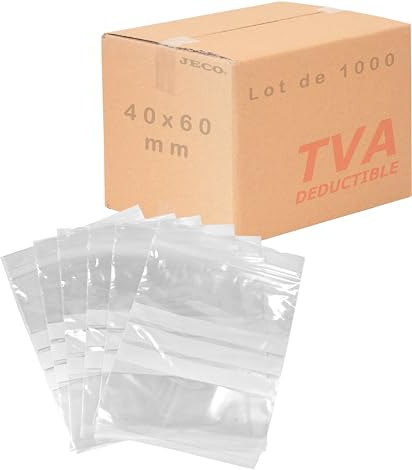 Jeco - Lot de 1000 sachets à fermeture zip format 40 x 60mm : 4 x 6 cm 3 blanches d'écriture qualité alimentaire 50µ