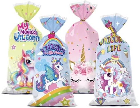 Cellophantüten Zellophan Tüten 50 Pcs Einhorn Kekstüten Süßigkeiten Gebäckbeutel Hochzeit Geschenkbeutel Transparent Taschen mit 60 Stück Twist Ties für Kindergeburtstag Gastgeschenke