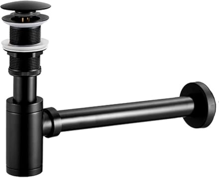 Siphon Waschbecken mit Ablaufgarnitur Ohne Überlauf, Universal Syphon Siphon mit Pop Up Ablaufventil, Zinklegierung Röhrensiphon Abflussgarnitur für Waschtisch Badezimmer, Schwarz Matt