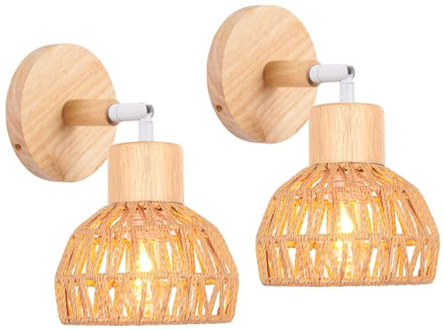iDEGU 2 Pezzi Applique da Parete Interno Retrò E27 Lampada da Parete in Rattan e Legno Lampada a Muro Regolabile Lampada da Soffitto Vintage Decorazione per Camera da Letto Soggiorno Caffè (Marrone)