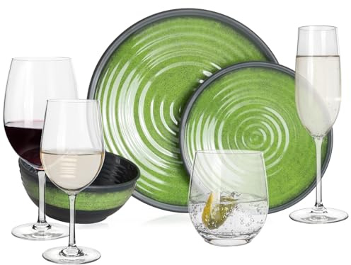 Vaisselle de camping en mélamine pour 4 personnes Vert pierre + 16 verres Timo Verres à eau Verres à vin Verres à champagne Flûtes Vaisselle de table pique-nique BBQ Batterie de cuisine