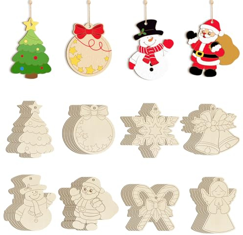 Bastelset Weihnachten,Holz Basteln Weihnachten Kinder,80 Pcs Holzanhänger zum Bemalen,Ornamenten für Weihnachtsbaum,DIY Weihnachtsdekoration Baumschmuck （8 Muster）