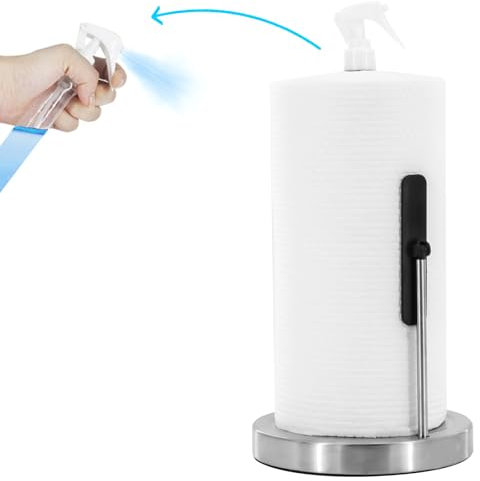 Paper Towel Holder with Spray Bottle, Countertop Kitchen Paper Towel Dispenser, Featuring Spring Arm and Weighted Base for One-Handed Operation (Brushed Nickel)
