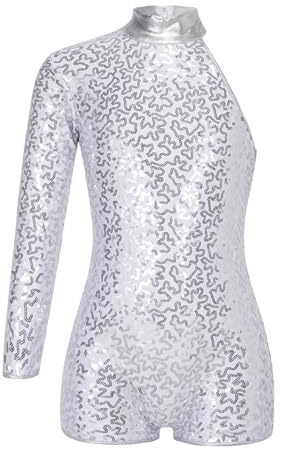 Miaeowve Traje de ballet para niños y niñas, cuello alto, body de baile, una manga, maillot de baile, lentejuelas, leotardo con piernas, traje de baile, plata 158-164