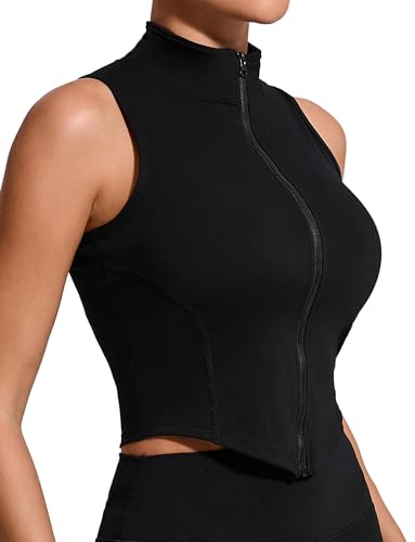 SEAUR Sport crop top damer ärmlös dragkedja tank topp tunn ståkrage tajt topp smal passform snabbtorkande för gym fitness träning S–L, svart, M