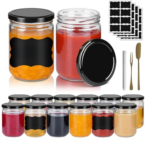 YRHome 240ML Mit Deckel Glas Marmeladengläser 12 Stück Einmachgläser Mit Etiketten & Stift & Spatel & Fork Für die Aufbewahrung von Lebensmitteln, DIY, Geschenke,Dekoration-Schwarz