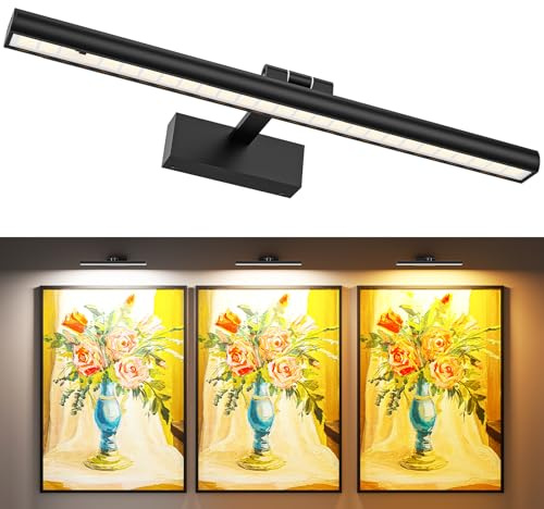 Wireless Picture Lights for Wall, Battery Operated Wall Light for Painting Rechargeable CCT Rotatable Art Gallery Light with Remote Dimmable Timer for Artwork Frame Display Dartboard (Black, 16inch)