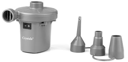 Crystals Electric Air Pump for Inflatables – Portable Quick-Fill Mini Air Pump with 3 Nozzles – Ideal Inflator/Deflator for Air Beds, Air Mattresses, Paddling Pools, Floats & Blow Up Toys (Grey)