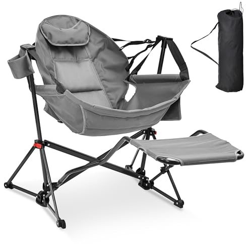 Ainfox Hammock Camping Chair with Footrest, Foldable Portable Rocking Chairs for Adults Outside Swinging Camp with Cup Holder Pillow for Outdoor Patio Poolside (Grey)