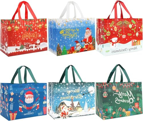 18 sacchetti regalo di Natale, borse di Natale con manici, borse natalizie multifunzionali in tessuto non tessuto per regali, shopping, forniture per feste di Natale, 33 × 25 × 17 cm
