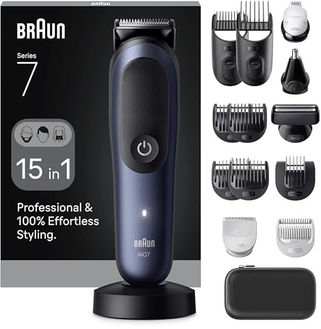 Braun All-in-One Fellpflegeset Serie 7, 15 in 1, ProBlade & AutoSense, 120 min, SkinGuard & Beard Fading, AquaGrip für Unterwasseranwendung, AIO7580, Designed in Germany - Blau