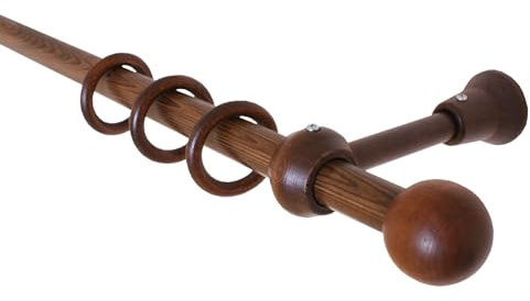 iso-design 20 mm Holz Gardinenstange Farbe Nußbaum Wandmontage und Deckenmontage möglich Gardinenstange mit Gardinenringen, Endstück Kugel, 160 cm