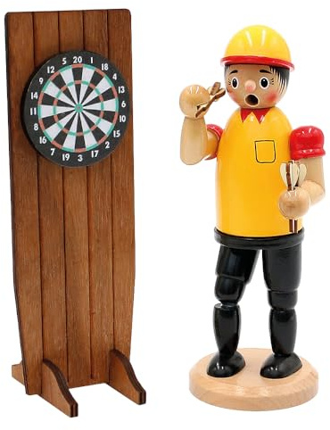 Dekohelden24 Holz Räuchermann - Räucherfigur als Dartspieler, in gelb, L/B/H 15 x 8 x 21 cm, Dartspieler -