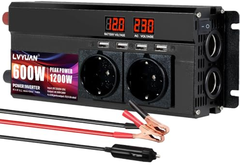 LVYUAN Convertisseur 12v 220v 1200W DC à AC convertisseur de Puissance Voiture onduleur Transformateur avec 4 Ports USB, 2 Prises EU et 2 Prises pour Allume cigares