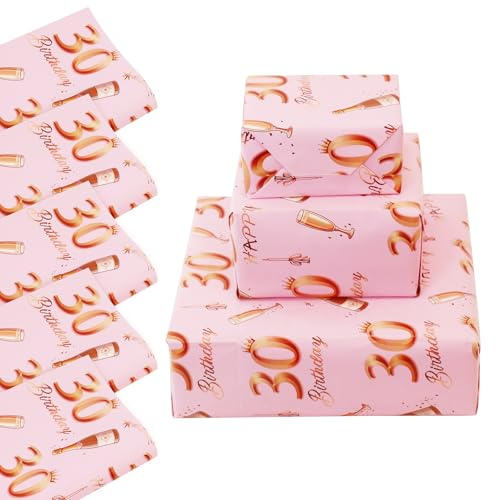 Geschenkpapier zum 30. Geburtstag, 5 Bögen, 70 x 50 cm, Roségold, Rosa, Happy Birthdays, Geschenkpapier für Mädchen und Frauen, Dekorationen zum 30. Geburtstag, recycelbar