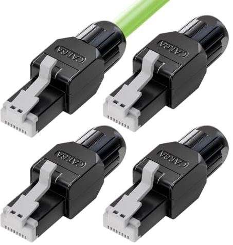 LEENUE RJ45 Conector CAT 6A sin Herramienta, 10 Gbit/s, 4 Unidades, negro | Dorado Conectores RJ45 para cable de instalación Cat 6A Cat6, compatible con cables de instalación 23-26 AWG, reutilizables