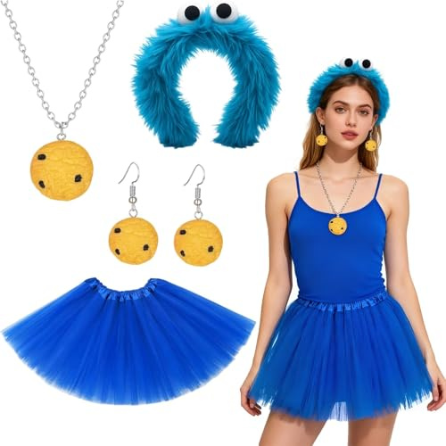 DvBCNMe 4 Stück Krümelmonster Kostüm Damen, Tüllrock Blau, Krümelmonster Haarreif, Keks Ohrringen und Halskette, Krümelmonster Accessoires für Karneval, Halloween und Cosplay