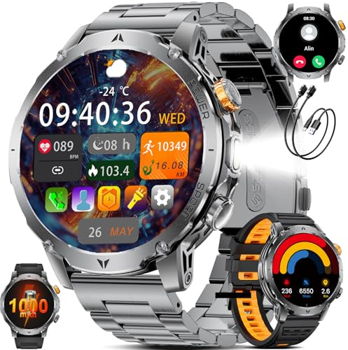 SUNKTA Orologio intelligente da uomo Militare 1000 mAh grande batteria 1,7 HD Bluetooth chiamate per iOS Android Smartwatch Sportive fitness,Monitoraggio della salute,sonno,3 braccialetti,grigio-nero