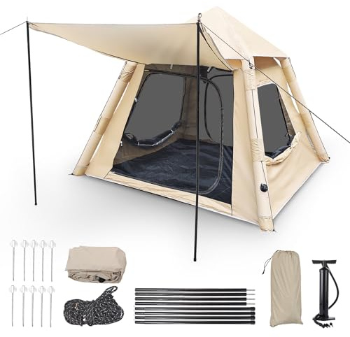Uppblåsbart campingtält för 2–4 personer, uppblåsbart tält för camping utomhus, vandring, vattentätt 4 säsong, familjetält, uppblåsbart med pump (220 x 220 x 175 cm)