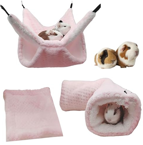 3 Stück Meerschweinchen Hängematte Tunnel Matte Set, Doppelschicht Hängematte Meerschweinchen Tunnel aus Weichem Plüsch, Hamster Zubehör für Kleintiere wie Hamster Frettchen Chinchillas Ratten