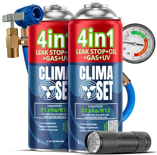 CLIMASET - 2x 4-I-1 Luftkonditionering Påfyllningsgas R134a, Olja, Läckagetätningsmedel Med UV-Färg + Slang + UV-Ficklampa - AC-Gaspåfyllnings- och Läckagedetekteringssats