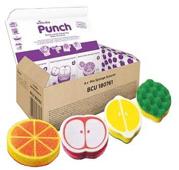 Vileda Punch Scheuerschwämme, 4er Mix-Set, kratzfrei & vielseitig | 4 Schwämme | Mix aus Zitrone, Orange & Apfel | Fruchtduft | Spülmaschinengeeignet | Für Küche, Bad & Outdoor