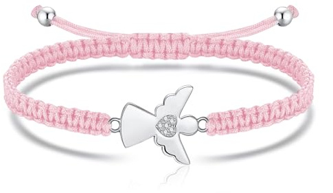 Lyzino Kommunion Geschenke für Mädchen, Schutzengel/Kreuz Kinder Armband | Verstellbar Mädchen Armband aus Kordelband mit Zirkon Perlen Kristall, Konfirmation Erstkommunion Geschenke & Box Grußkarte