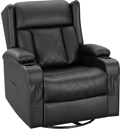 WOLTU Sillón Relax Reclinable, Sofa Individual Giratorio 360° de Función Balanceo y Respaldo Ajustable, con Reposapiés, Bolsas Laterales y Portavasos, Carga 150 kg, Tapizado en PU, Negro