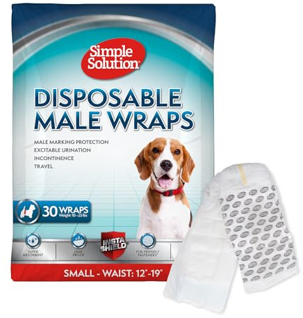 Simple Solution Disposable Dog Wraps, Male Dog Diapers, Puppy Potty Training, Incontinence and Travel Protection, Wraps for Small Dogs, 12-19 Inch Waist, 30 Count