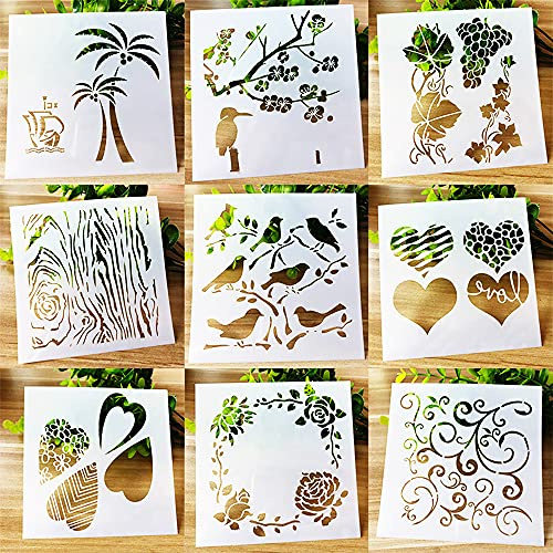 BLUGUL Journal Zubehör Schablonen, Zeichenschablonen Muster, für DIY Geschenkkarten, Fotoalbum, Kunst-Projekte, Papier Karte Deko, Herz Blume Pflanze Vogel, Natur B 9 Stück